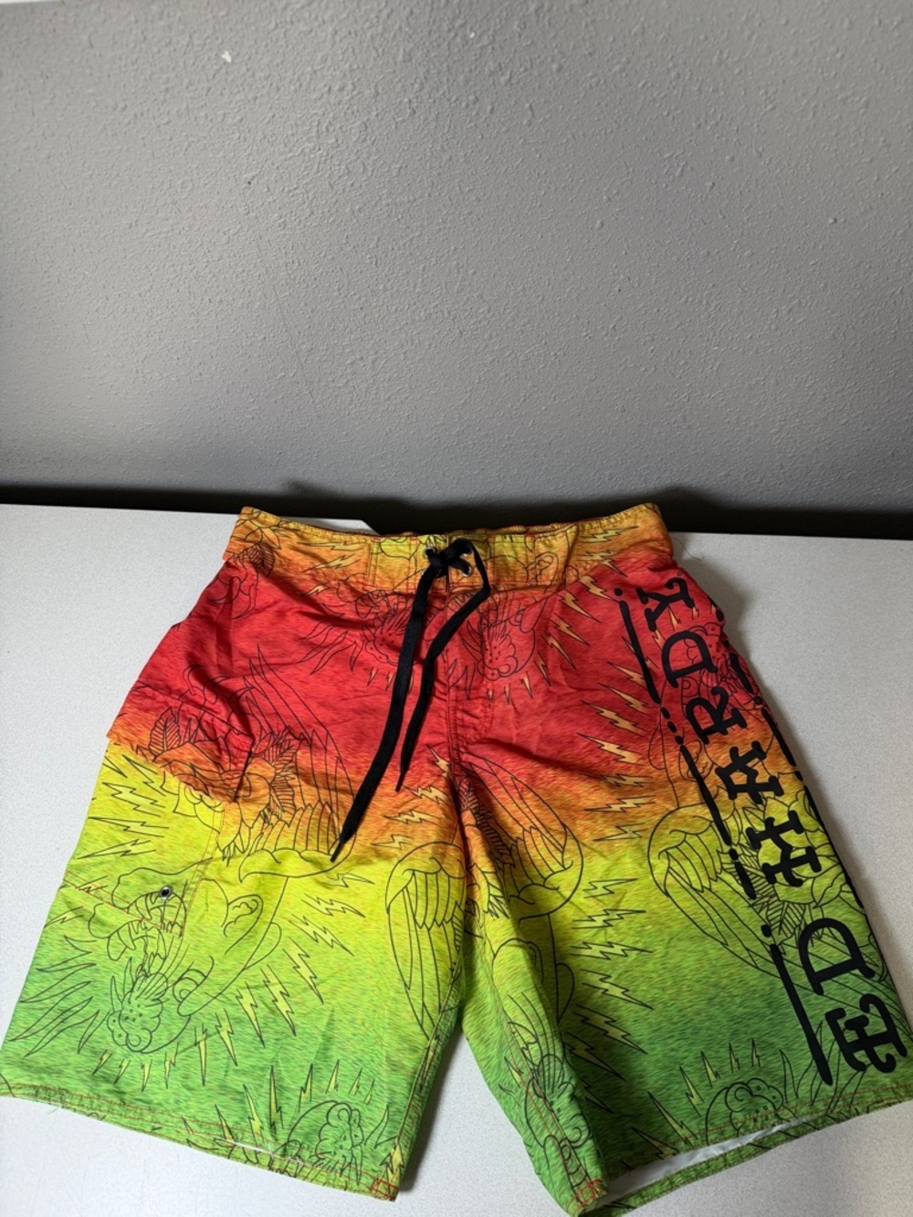 Ed Hardy Red Yellow Green Gradient Graphic Swim Shorts